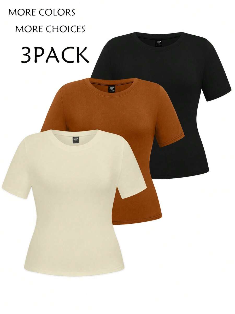 SHEIN LUNE 3pcs Plus Size Basic Crew Neck Short Sleeve T-Shirts - Multicolor - View 1