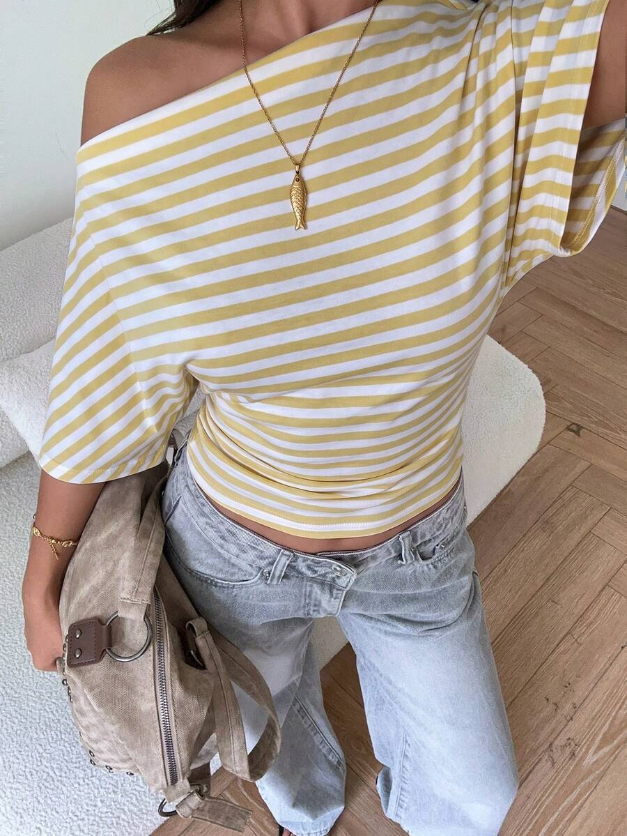 Aloruh Asymmetrical Shoulder Loose Top With Ruched Waist, Simple Basic T-Shirt - Light Yellow - View 1