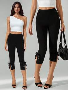 SHEIN Tall 女款純色蝴蝶結裝飾休閒百搭日常穿著緊身內搭褲 - 黑色 - 查看 1