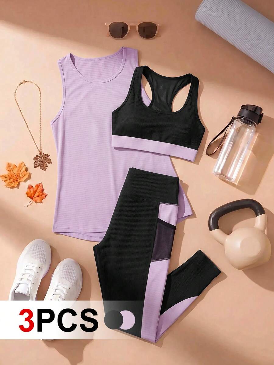 SHEIN Cheerettes 女款 3 件組拼色內衣、高腰緊身褲與圓領上衣休閒日常運動套裝，黑色與紫色，柔軟彈性、防透深蹲、側邊口袋壓力褲