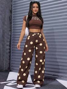 Rivivi 棕色圓點印花寬鬆直筒牛仔褲 日常外出 夏季 Y2K 街頭風 - 棕色 - 查看 4
