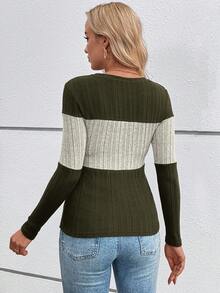 SHEIN Maternity Casual Colorblock Spring/Autumn Long Sleeve Round Neck Nursing Top Long Maternity T-Shirt Fall - Army Green - View 4