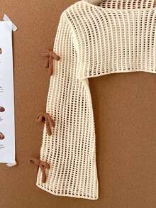 SHEIN Tween Girl Handmade Crochet Knit Sweater, Soft Breathable Openwork Pullover, Bowknot Sleeve Detail, Cute Casual Style For Girls, Autumn Winter - Brown - View 4