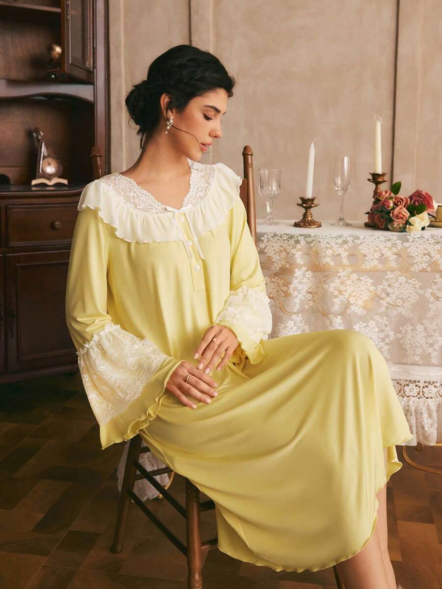 Côtesoire Southern France Elegant Romantic Lace Patchwork Contrast Color Bell Sleeve Women's Nightgown Sleep Pastel Yellow Fall - Yellow - View 1