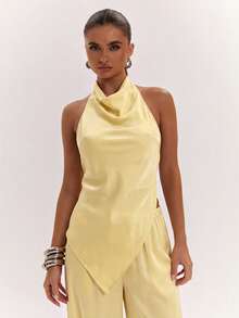 SHEIN BAE Summer Sexy Solid Color Backless Halter Top And Wide Leg Pants Set - Yellow - View 6