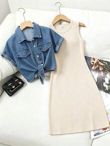 Elladie kids 女童兩件套休閒夏季層次穿搭服飾，短袖繫帶牛仔襯衫與無袖羅紋中長版背心洋裝套裝 - 杏色 - 查看 3