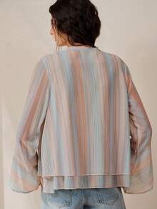 Frievida Elegant French Vintage Commuter Casual Striped Bell Sleeve Women's Blouse Office Dusty Pink Autumn - Multicolor - View 2