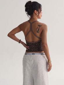 Slayform Slayform Sujetador deportivo de yoga sin costuras con estampado de leopardo para mujer, top atlético de fitness sin aros, top de entrenamiento con diseño cruzado, sujetador para correr y gimnasio, marrón, verano - Café integral - Ver 4