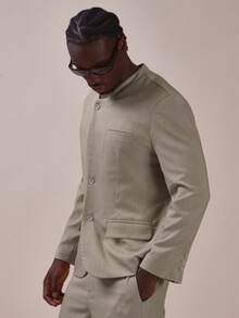 Musero Tailored Grained Granded Blazer Button Closure  Welt Pocket Spring Summer Essentials Co Ord Blazer Only - Khaki - View 3