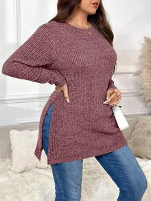 SHEIN Frenchy Plus Size Casual Solid Color Split Hem Long Sleeve T-Shirt, Autumn Fall - Pink - View 3