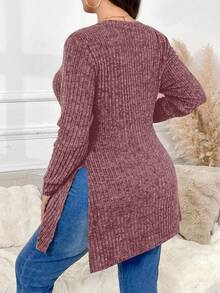 SHEIN Frenchy Plus Size Casual Solid Color Split Hem Long Sleeve T-Shirt, Autumn Fall - Pink - View 6