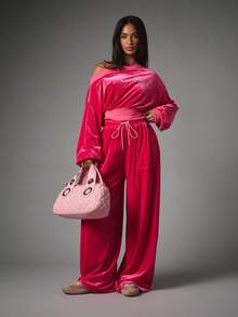 Missguided x Playboy Rhinestone Script Logo Velvet Wide Leg Palazzo Pants With Elasticated High Rise Waist And Full Length Flowy Fit - Pink - View 3