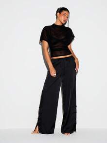 KIZN Frog Clasp Detail Satin Wide Leg Jogger Pants With Drawstring Waist And Side Split Hem - Black - View 5