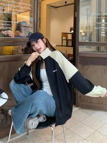 DAZY Women's Letter Print Patchwork Colorblock Loose Zipper Long Sleeve Casual Vacation Streetwear Spring Autumn Jacket - Blue - View 6