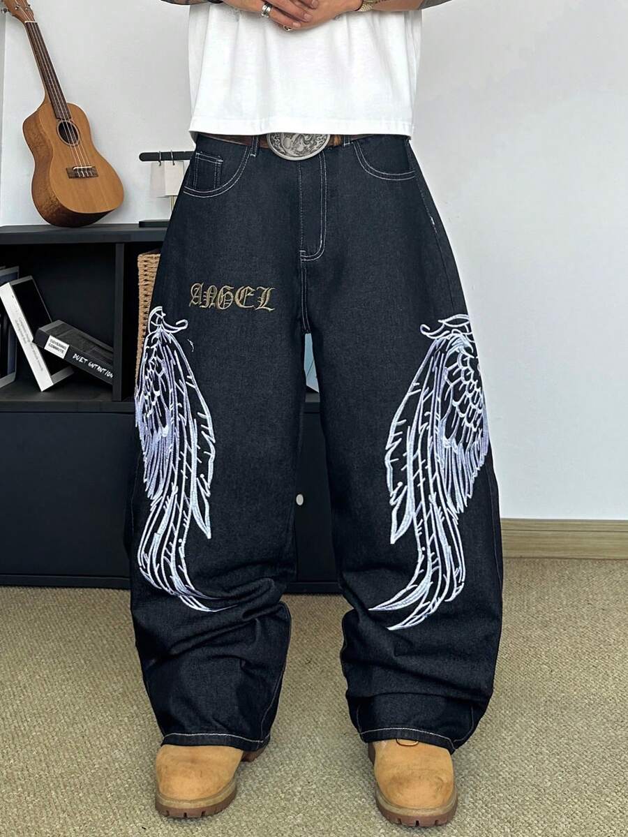 STEELVANCE 街頭風復古時尚百搭刺繡設計寬鬆直筒寬腿休閒牛仔褲(不含腰帶與配件) - 黑色 - 查看 1