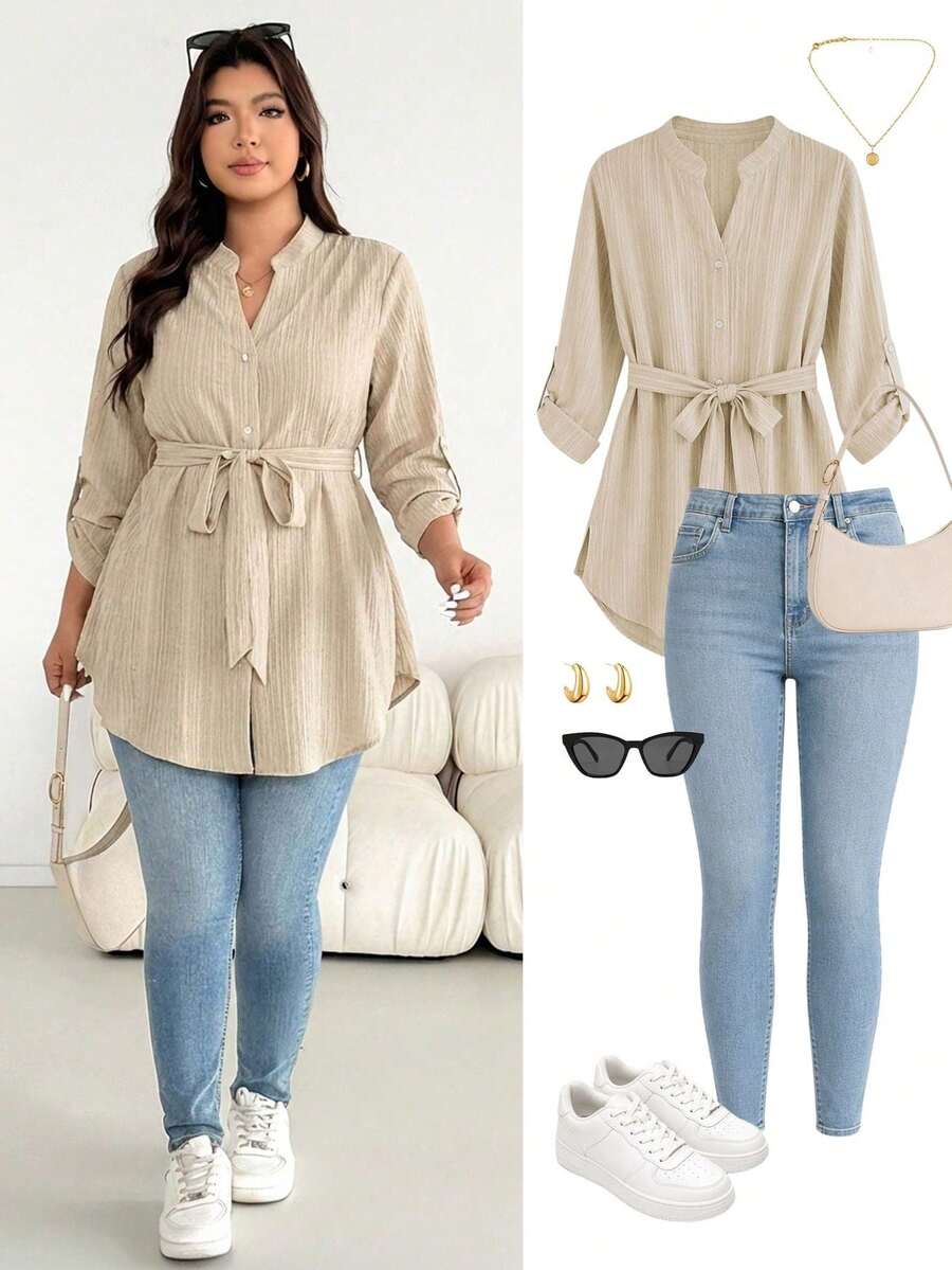 SHEIN Essnce 大码女式秋冬时尚休闲宽松舒适日常纹理面料长袖衬衫，金属扣系带收腰设计，袖子可调节，秋季穿搭，女士衬衫，工作上衣 - 杏色 - 查看 1