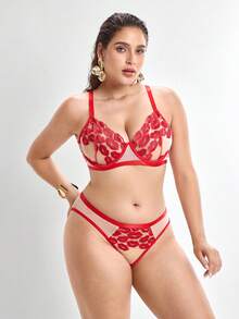 Slumbrini Women's Burgundy Semi-Sheer Mesh Patchwork Embroidered Lace Sexy Underwear Set With Underwire Bra And Low-Waist Panties Red - Burgundy - View 1