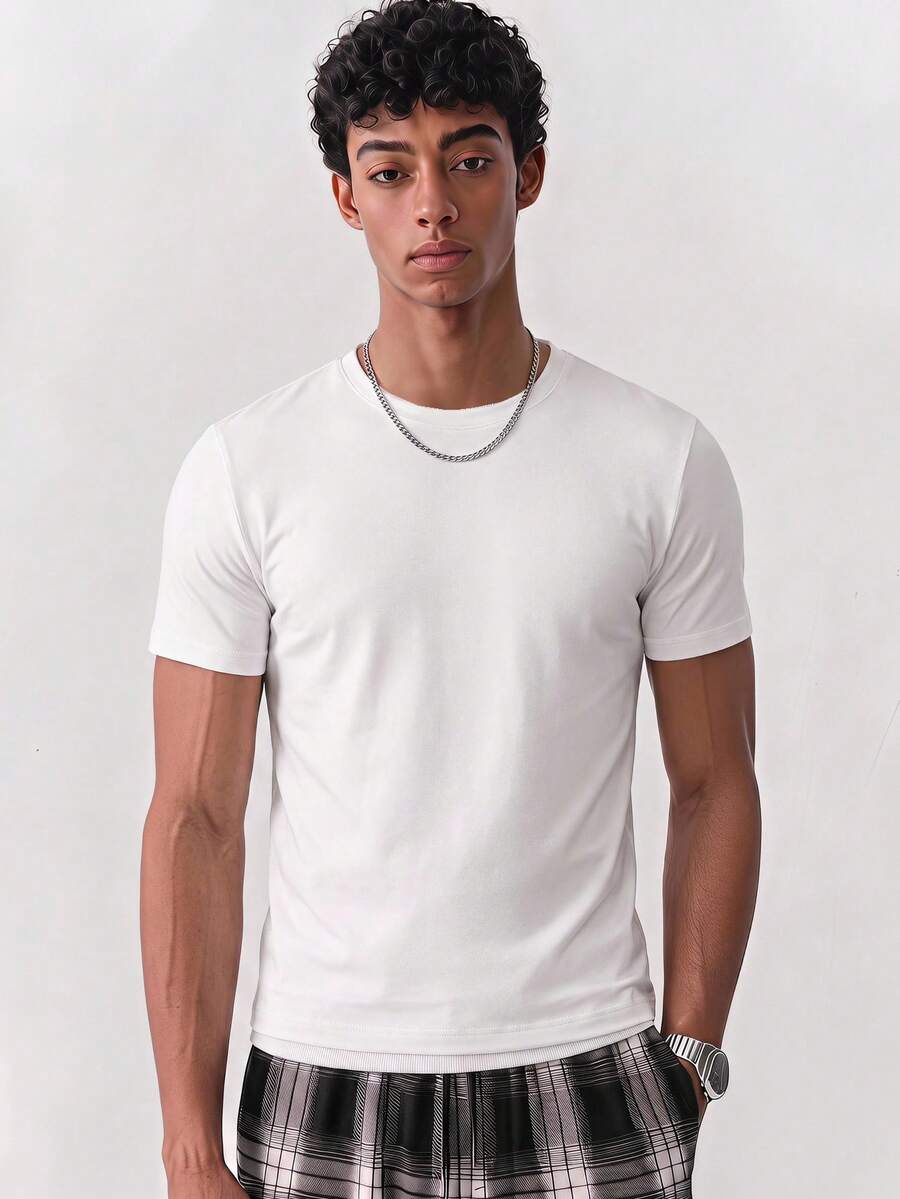 SWAVVY Men's Summer Casual Slim Fit Plain Round Neck T-Shirt, White - White - View 1