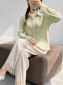 Zaforene Women's Solid Color Long Sleeve Single-Breasted Casual Top Office Sage Green Fall - Green - View 4