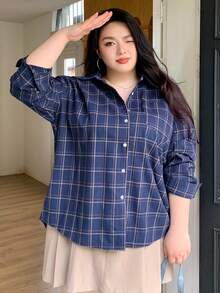 Dazy Plus 大码女式宽松落肩长袖格纹衬衫，春秋季，法兰绒女式格子 - 藏蓝色 - 查看 4