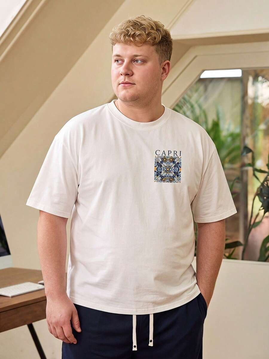 Whitmere Plus Size Men's Vacation Style Italian Southern Italy Print Short Sleeve T-Shirt | Suitable For Summer Wear - White - View 1