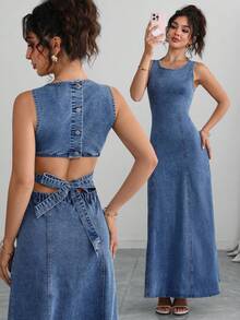 Elenzga Women's Hollow Out Lace-Up Sleeveless Long Denim Dress - Blue - View 1
