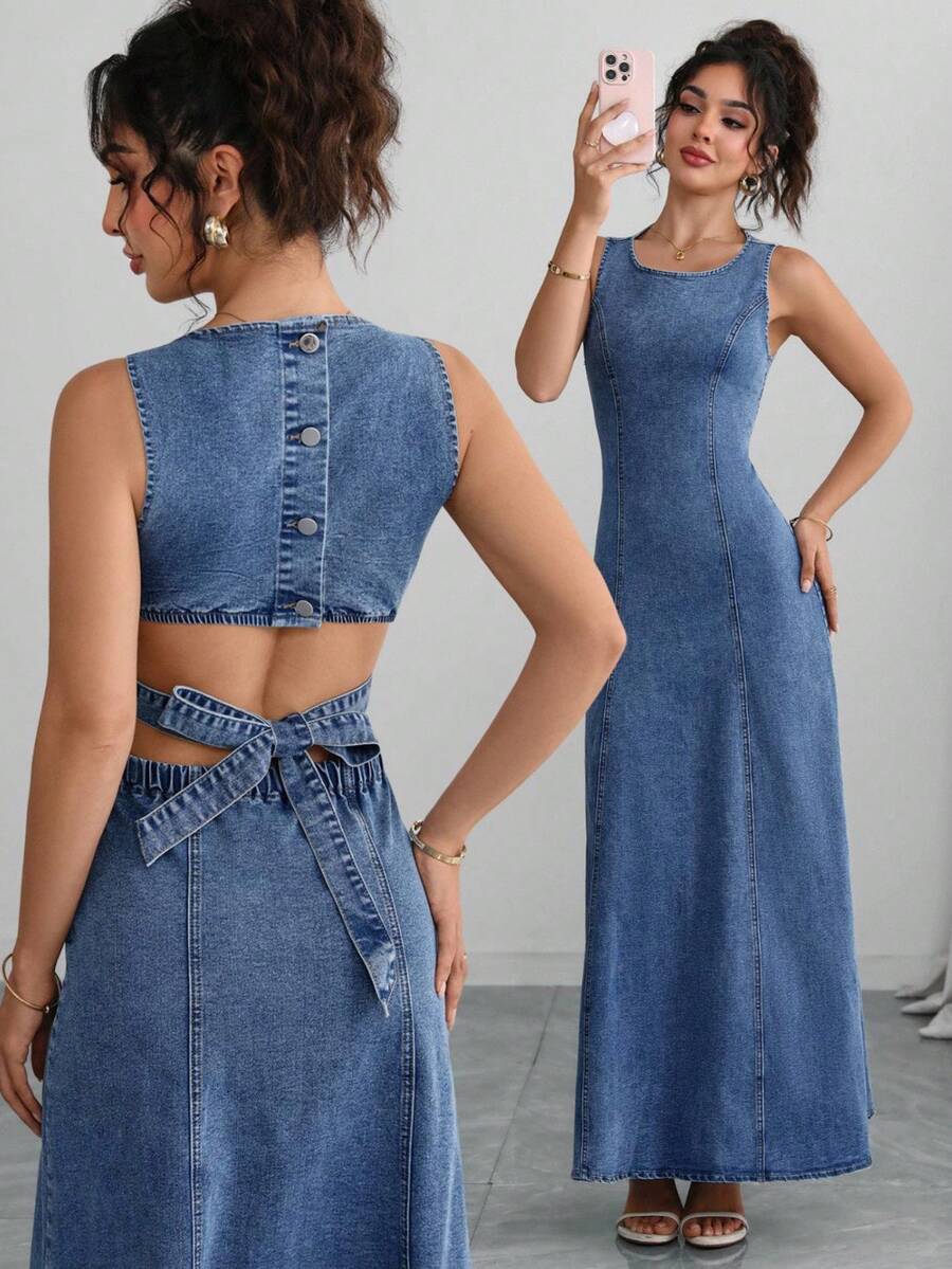 Elenzga Women's Hollow Out Lace-Up Sleeveless Long Denim Dress - Blue - View 1