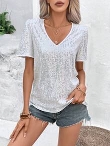 SHEIN 节日派对服装 V 领亮片衬衫 女士派对上衣 - 白色 - 查看 6