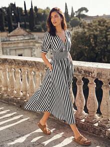 Dayvera Women's Striped V-Neck Short Petal Sleeve Pocket Casual Dress - Black and White - View 3