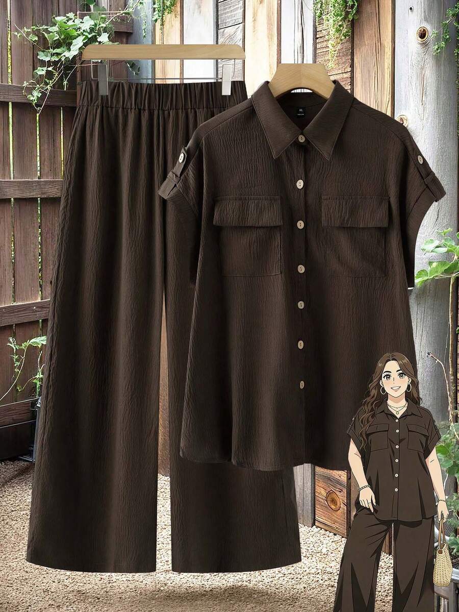 Linhara Plus Size Women's Spring/Summer Solid Color Faux Linen Textured Fabric Full Button Front Lapel Short Sleeve Double Pocket Casual Comfortable Home Fashion Shirt Top + Elastic Waist Loose Versatile Long Pants 2-Piece Set - Brown - View 1