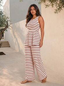 ELLERISSA BUTTON UP TANK & TROUSERS LOUNGE CO-ORD - Red and White - View 3