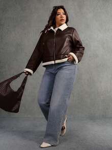 Elaquor Plus Size Women's Colorblock Zipper PU Leather Casual Versatile Everyday Long Sleeve Jacket Winter - Coffee Brown - View 4