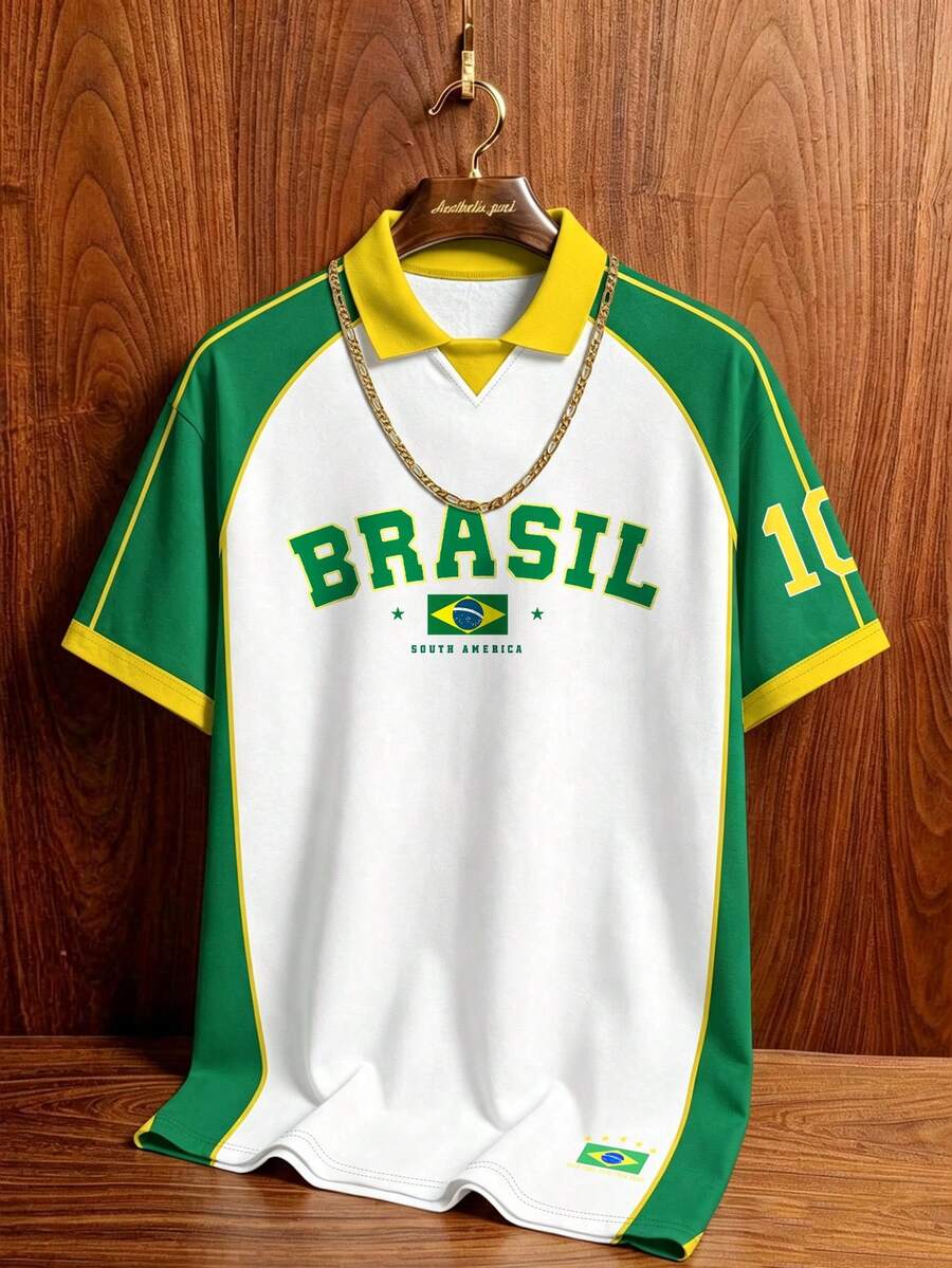Manfinity Campus Court Vintage Brazil Classic Yellow & Green Striped Polo Shirt, American Style BRASIL #10 Printed Jersey, Men's & Women's Graphic T-Shirt, Men's Summer Fashion Casual Sports Shirt, Football, Football Equipment - Multicolor - View 1