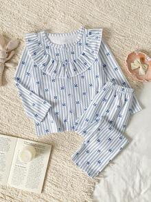 Fresh Blue & White Vertical Striped Girls' Ruffle Trim Round Neck Ditsy Floral Long Sleeve Loose Fit Loungewear, Spring/Autumn - Multicolor - View 5