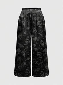 ROMWE Goth 暗黑龐克骷髏森林日月星女款長褲 - 黑色 - 查看 1