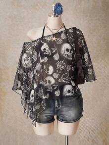 SHEIN ICON 大尺碼女款萬聖節骷髏印花網紗上衣 - 彩色 - 查看 1