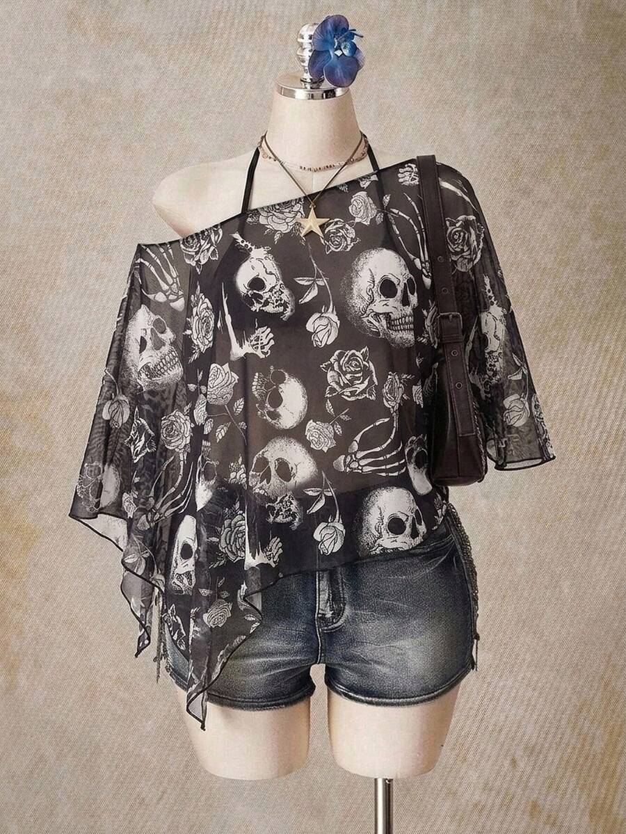 SHEIN ICON 大尺碼女款萬聖節骷髏印花網紗上衣 - 彩色 - 查看 1