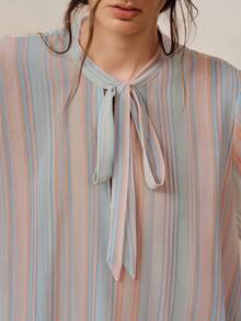 Frievida Elegant French Vintage Commuter Casual Striped Bell Sleeve Women's Blouse Office Dusty Pink Autumn - Multicolor - View 5