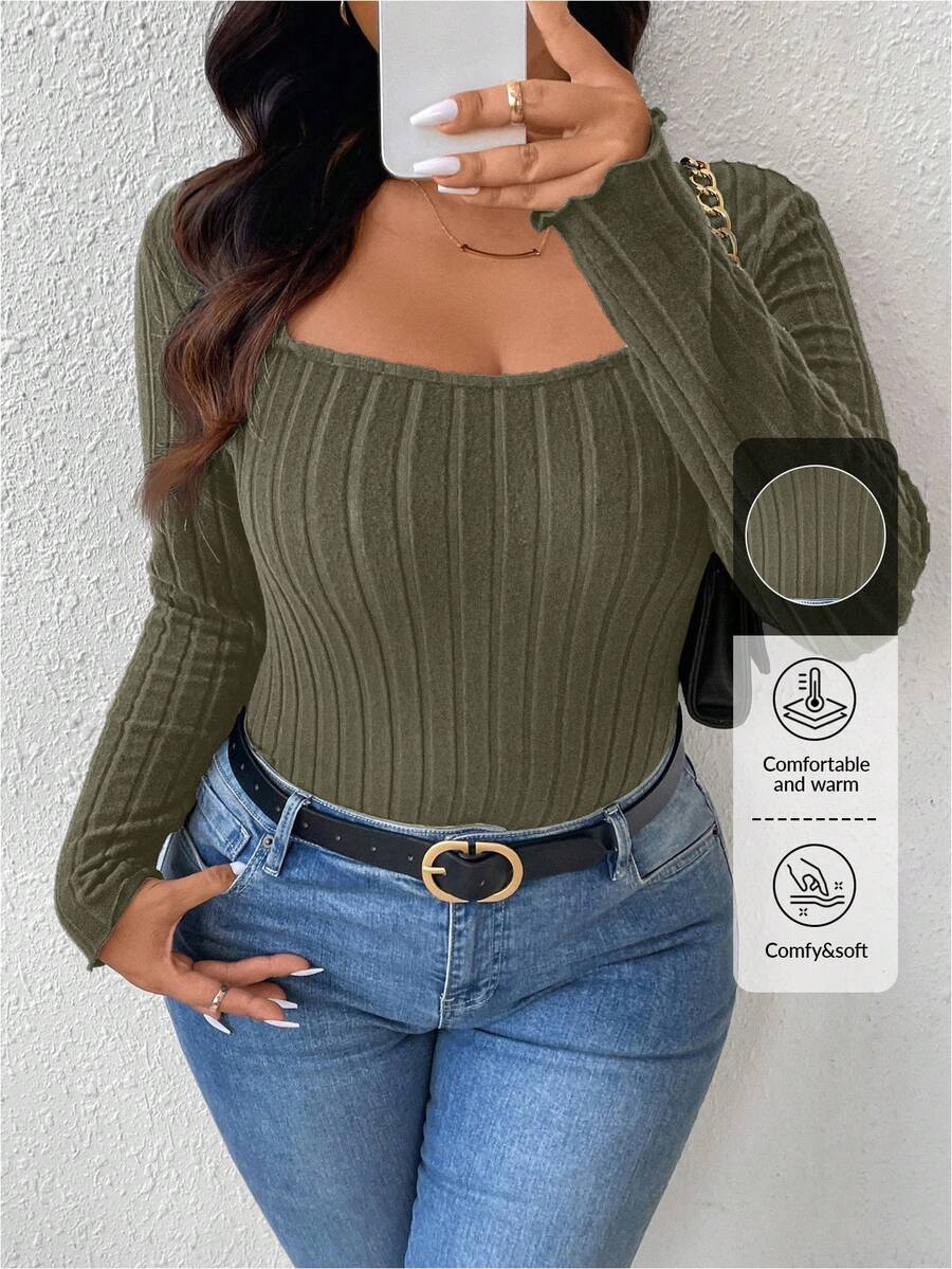 SHEIN Frenchy 大码休闲罗纹圆领修身 T 恤 - 綠色 - 查看 1