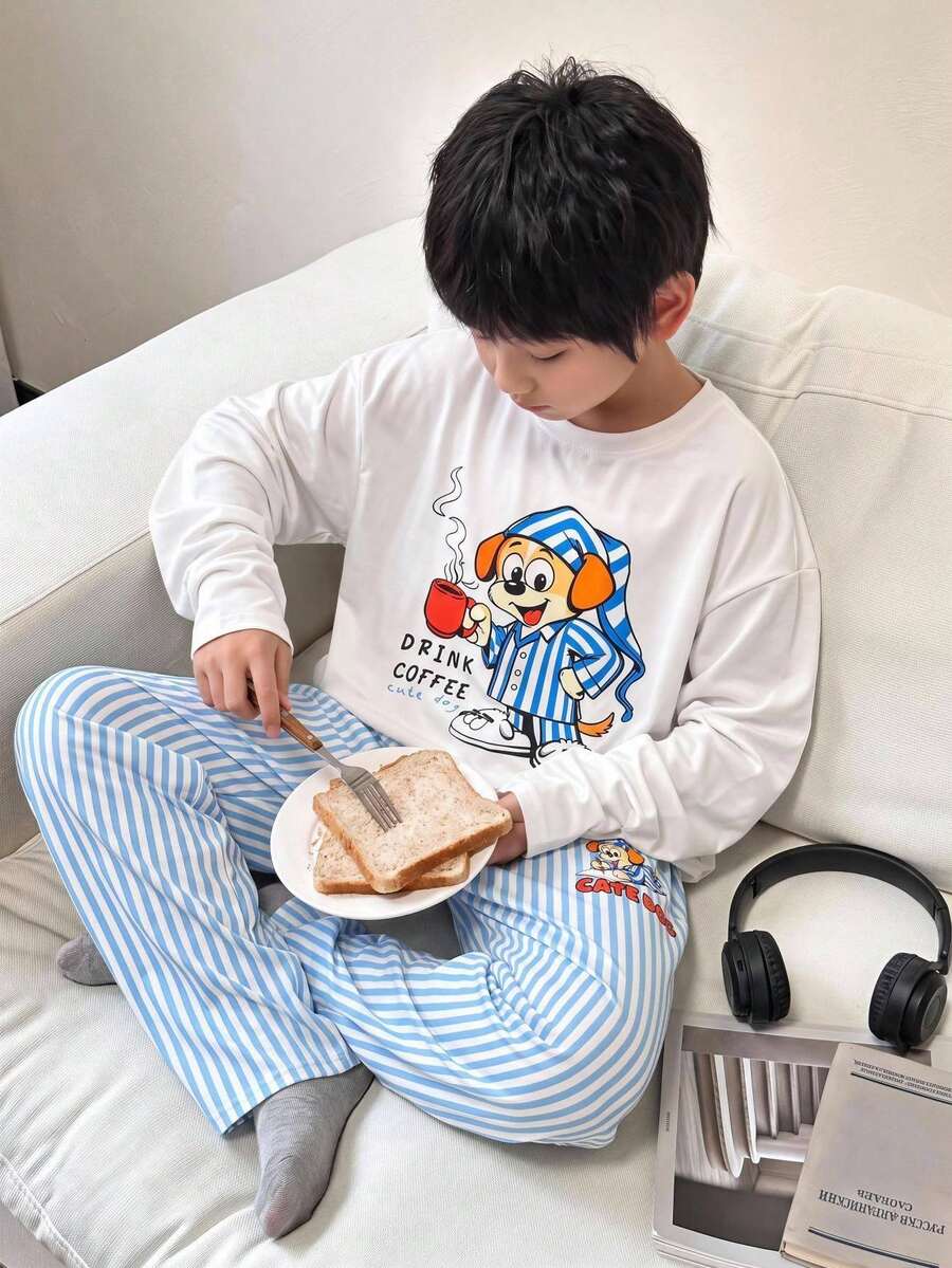 2件組兒童青少年男孩可愛卡通塗鴉圖案圓領長袖白色T恤與藍白條紋長褲睡衣,親膚居家服運動套裝,適合秋冬、旅行、度假、家庭聚會、返校季 - 彩色 - 查看 1