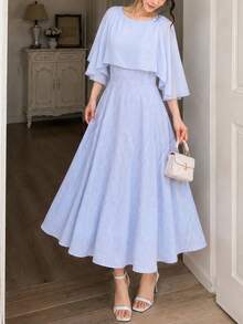 Modelyn Women's Dress, Elegant Textured Fabric Dress Cape Sleeve High Waist A Line Midi Dress For Women Summer Party Date Going Out Wedding Guest Graduation - Sky Blue - View 6