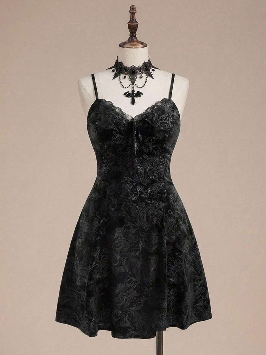 ROMWE Goth Plus Size Women's Contrast Lace Front Tie Elegant Spaghetti Strap Dress - Black - View 1