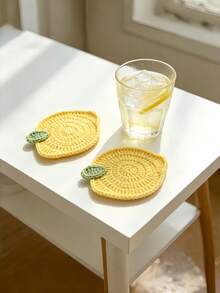 2Pcs Hand Crocheted Imitation Lemon Coaster, Fresh Style Coffee Cup Mat - Multicolor - View 2
