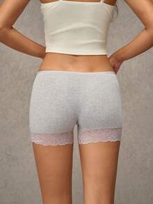 Esseday Grey High Elastic Lace Patchwork Casual Daily Minimalist Comfortable Women's Safety Shorts - Light Grey - View 2
