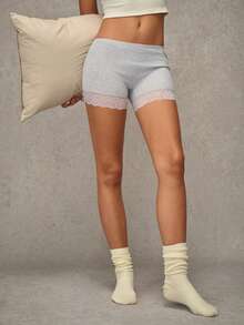 Esseday Grey High Elastic Lace Patchwork Casual Daily Minimalist Comfortable Women's Safety Shorts - Light Grey - View 7