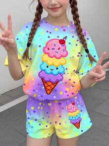 Tween女孩休閒極簡可愛夏季冰淇淋圖案，彩色波點紮染印花，甜奶油風，度假風，短袖短褲兩件套，適合夏季，圖案設計，舒適，女孩套裝，Y2K，Kawaii - 彩色 - 查看 2