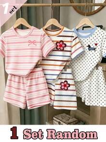 Souflis Souflis (1 Set Acak) Set Kaos Pendek dan Celana Pendek Kasual Motif Bunga dan Pita Garis-garis Pink untuk Anak Perempuan - MultiWarna - View 1