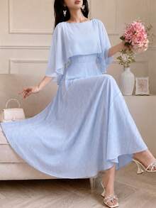 Modelyn Women's Dress, Elegant Textured Fabric Dress Cape Sleeve High Waist A Line Midi Dress For Women Summer Party Date Going Out Wedding Guest Graduation - Sky Blue - View 8