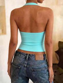 DrmWander Women's Sexy Street Style Fitted Floral Print Halter Neck Tank Top - Blue - View 2