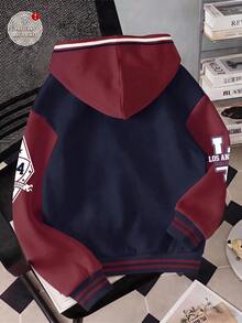 SHEIN EZwear 女款休閒寬鬆美式復古拉鍊連帽衛衣，秋冬服飾，拼色拼接，街頭風，適合教師，海軍藍 - 彩色 - 查看 2